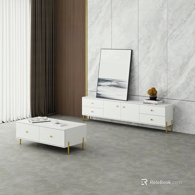 Modern White TV Stand With Gold Legs Drawers And Marble Wall Decor 3d model 