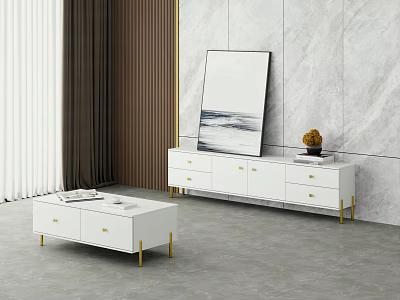 Modern White TV Stand With Gold Legs Drawers And Marble Wall Decor 3d model