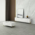 Modern White TV Stand With Gold Legs Drawers And Marble Wall Decor