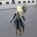 Man in Gold and White Ornate Armor With Elaborate Back Decorations by Modern Glass Building