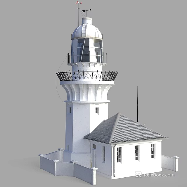 White Lighthouse With Lantern Room Glass Windows Black Metal Railings And Small Building Gray Roof 3d model 