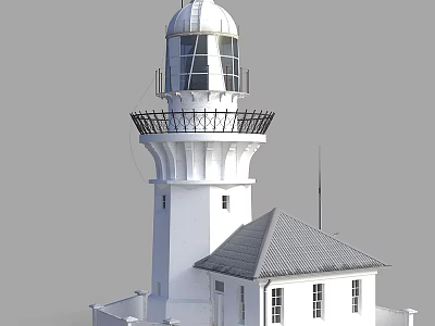 White Lighthouse With Lantern Room Glass Windows Black Metal Railings And Small Building Gray Roof 3d model