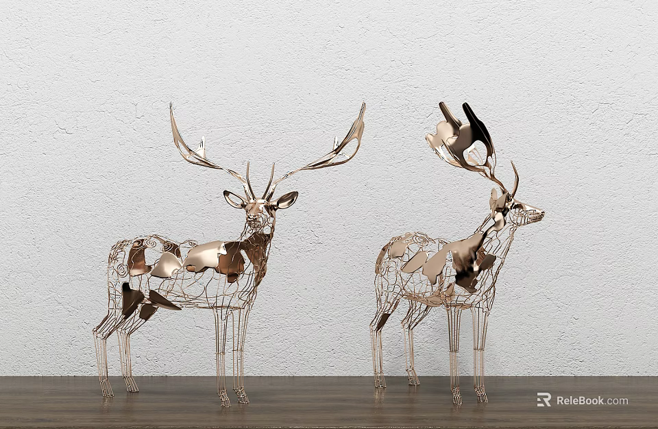 Metallic Deer Figurines Decorative Ornament Set With Geometric Design On Wooden Surface 3d model 