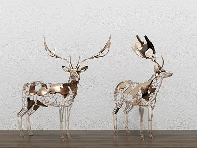 Metallic Deer Figurines Decorative Ornament Set With Geometric Design On Wooden Surface 3d model