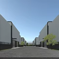 Modern Industrial Factory Building With White Exterior Large Windows Green Grass Waterfront And Blue Sky