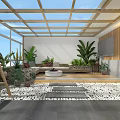 Courtyard Garden Design With Glass Roof Large Windows Wooden Floor Stone Path And Lanterns