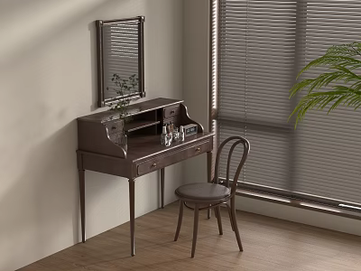 Dark Brown Wooden Dressing Table With Mirror Chair Green Plant And Window Blinds 3d model
