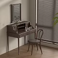 Dark Brown Wooden Dressing Table With Mirror Chair Green Plant And Window Blinds