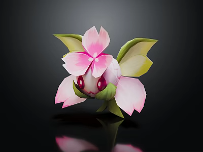 Cute 3D Model Cartoon Character Flower Creature With Pink Petals Green Leaves And Big Eyes 3d model