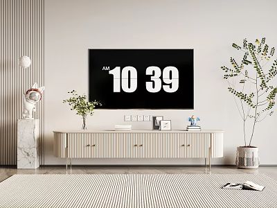 Modern TV Stand With Flat Screen TV Green Plants And Decorative Ornaments In Living Room 3d model