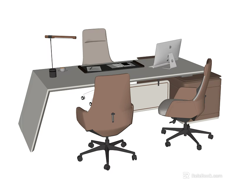 Modern Office Desk Workspace With Desk Lamp Laptop Mouse Pad Keyboard And Office Chairs 3d model 