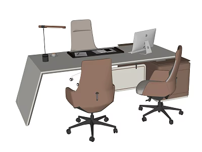 Modern Office Desk Workspace With Desk Lamp Laptop Mouse Pad Keyboard And Office Chairs 3d model