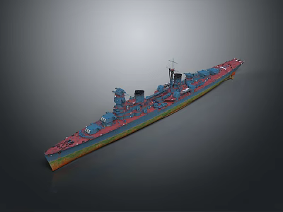 Detailed Vintage Warship Model With Red Bottom Blue Upper Hull And Turrets 3d model