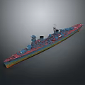 Detailed Vintage Warship Model With Red Bottom Blue Upper Hull And Turrets