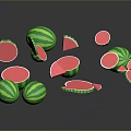 Juicy Watermelon Fruit With Whole And Sliced Pieces Green Rind Red Flesh