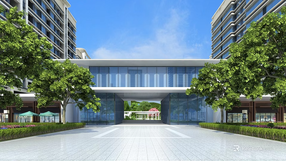 Modern Entrance Gate With Glass Facade Flanking Trees And Spacious Plaza Front 3d model 