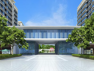 Modern Entrance Gate With Glass Facade Flanking Trees And Spacious Plaza Front 3d model