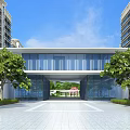 Modern Entrance Gate With Glass Facade Flanking Trees And Spacious Plaza Front