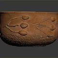 Carved Ceramic Bowl Sculpture With Orange Glaze And Leaf Fruit Decorations