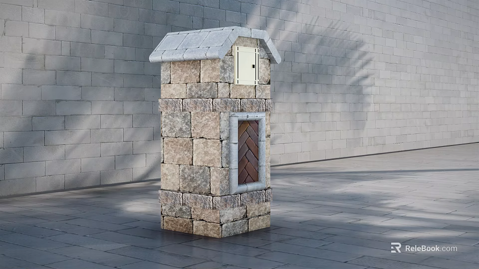 Commercial Stone Structure Equipment with Small Roof and Wooden Door Against Gray Wall Background 3d model 
