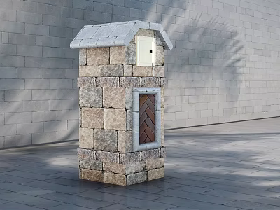 Commercial Stone Structure Equipment with Small Roof and Wooden Door Against Gray Wall Background 3d model