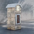 Commercial Stone Structure Equipment with Small Roof and Wooden Door Against Gray Wall Background