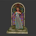 Elegant Woman In Red Dress Standing By Stained Glass Window On Stone Platform