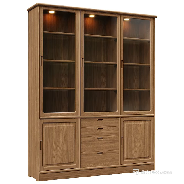 Wooden Bookcase Interior Design With Glass Doors Drawers And Storage Cabinets 3d model 
