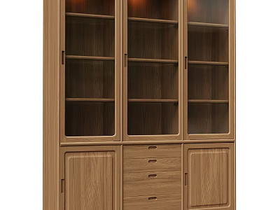 Wooden Bookcase Interior Design With Glass Doors Drawers And Storage Cabinets 3d model