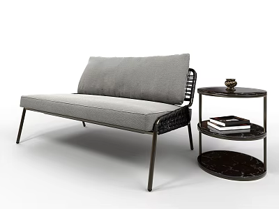 Gray Sofa With Fabric Cushions Metal Frame And Black Three Tier Side Table With Books 3d model