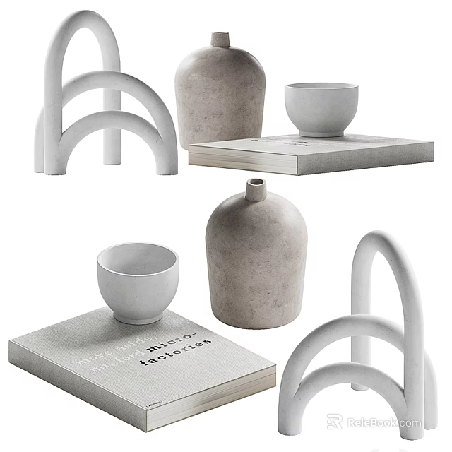Minimalist Modern Decorative Ornament Set With Ceramic Concrete Arch Decor Vases Cups And Shelf 3d model 