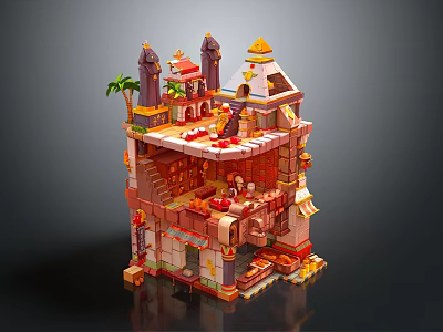 Cartoon Style Multi Level Castle Scene With Towers Palm Tree And Colorful Brick Details 3d model