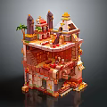 Cartoon Style Multi Level Castle Scene With Towers Palm Tree And Colorful Brick Details