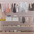 Clothes Hanging On Racks With Various Styles Folded On Shelves And Shoes Below