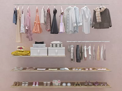 Clothes Hanging On Racks With Various Styles Folded On Shelves And Shoes Below 3d model