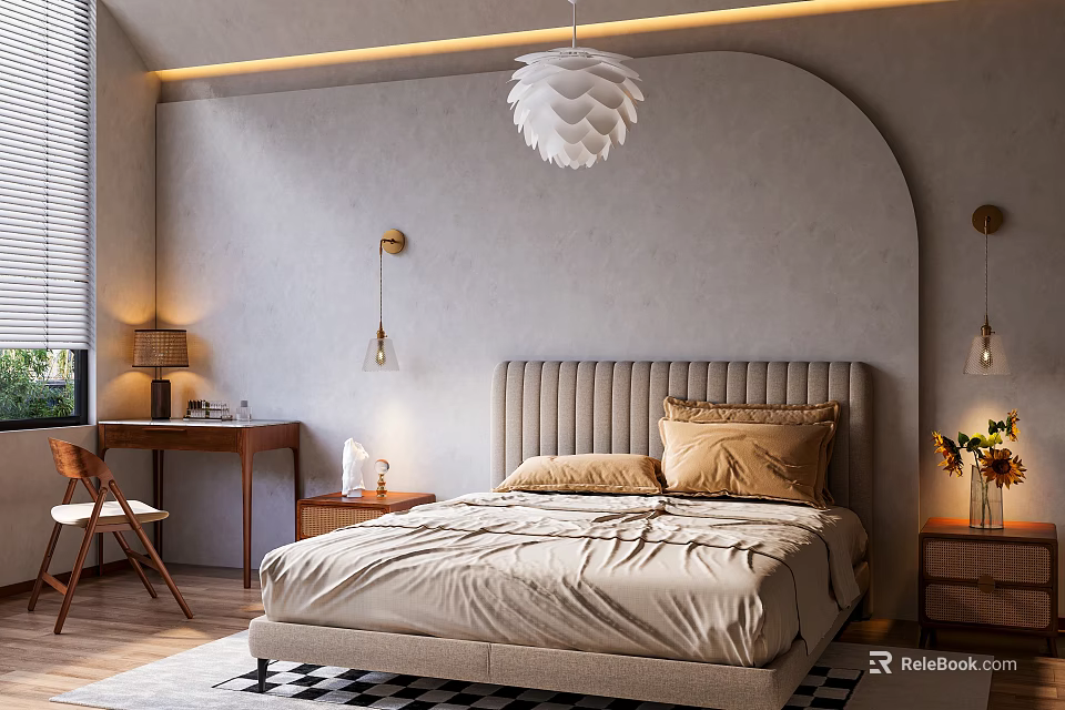 Modern Bedroom Interior Design With Gray Curved Arch Feather Pendant Light And Beige Bedding 3d model 