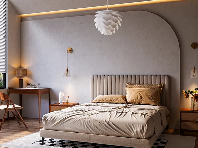 Modern Bedroom Interior Design With Gray Curved Arch Feather Pendant Light And Beige Bedding 3d model