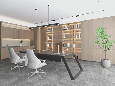Modern Spacious Office Interior With Large Desk White Chairs Wooden Shelves And Green Plant 3d model