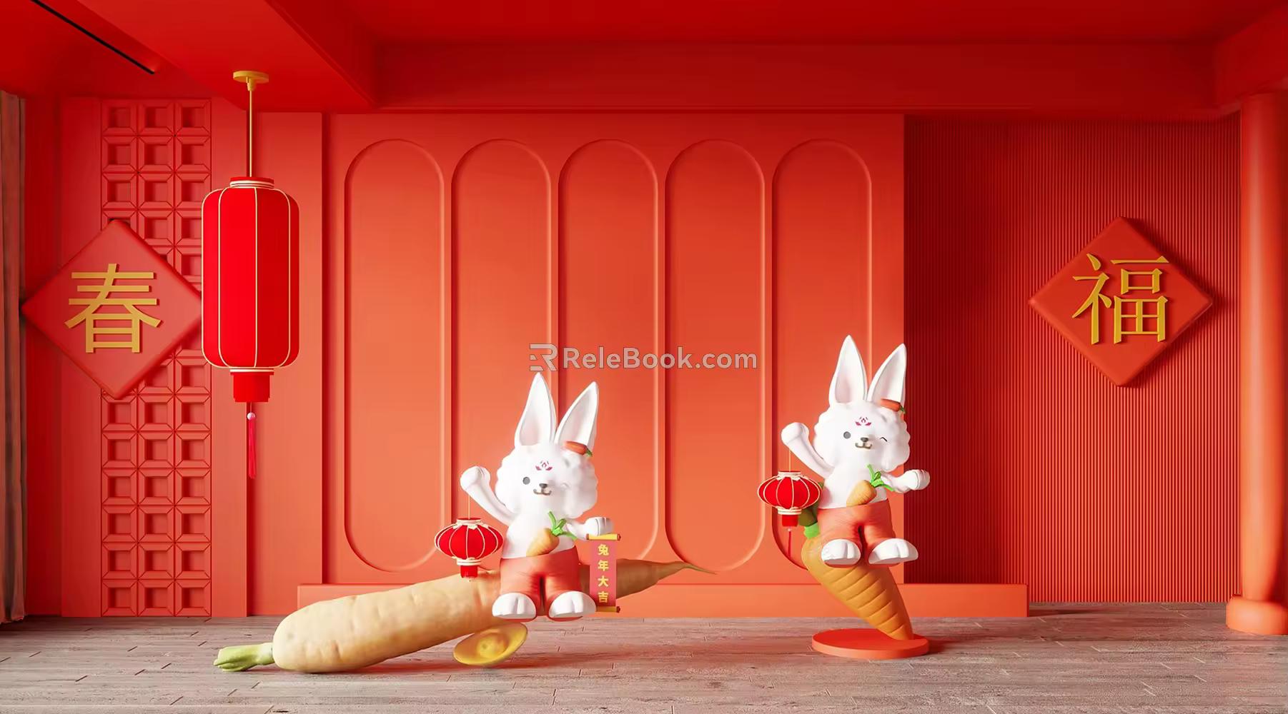 New Chinese Style Meichen Rabbit Meichen Online Red Card Wall 3d model