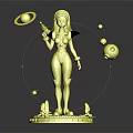 3D Sci Fi Female Character Holding Gun With Colorful Floating Planets And Orbs