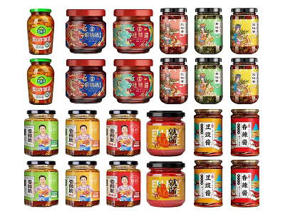 Assorted Bottled Food Sauces in Glass Jars with Various Flavors and Labels 3d model