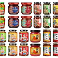 Assorted Bottled Food Sauces in Glass Jars with Various Flavors and Labels