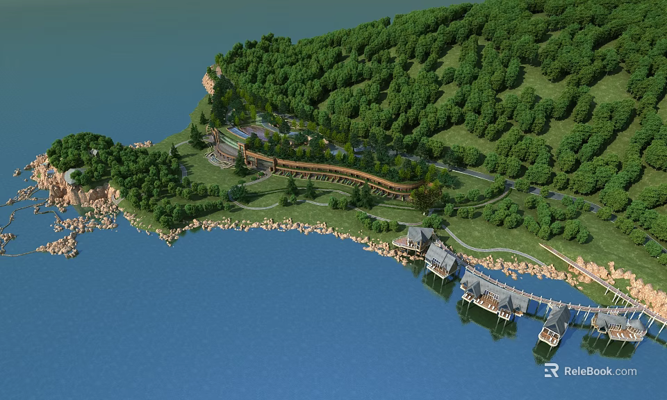 Aerial View Planning of Lakeside Landscape With Trees Buildings And Waterfront Pathways 3d model 