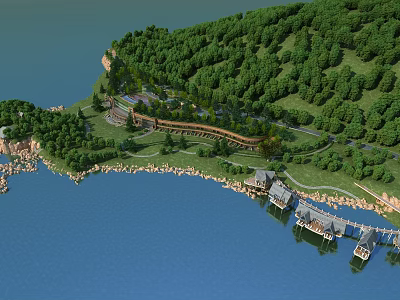 Aerial View Planning of Lakeside Landscape With Trees Buildings And Waterfront Pathways 3d model