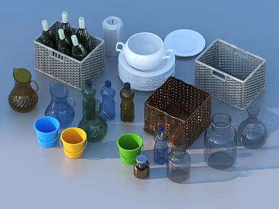 Assorted Containers and Storage Items Including Bottles Cups Bowls Plates and Baskets 3d model