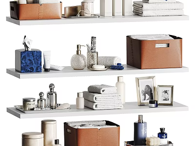 Organized Laundry And Daily Essentials On White Shelves With Storage Boxes Towels And Toiletries 3d model
