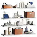 Organized Laundry And Daily Essentials On White Shelves With Storage Boxes Towels And Toiletries