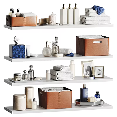 Organized Laundry And Daily Essentials On White Shelves With Storage Boxes Towels And Toiletries 3d model