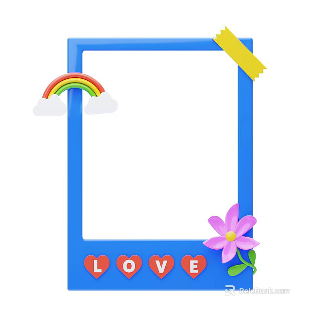 Blue Photo Frame Decorated With Rainbow White Clouds Yellow Tape Purple Flower And LOVE Hearts 3d model 