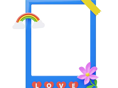 Blue Photo Frame Decorated With Rainbow White Clouds Yellow Tape Purple Flower And LOVE Hearts 3d model